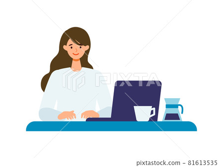 A woman who uses a computer smiles and talks ... 81613535