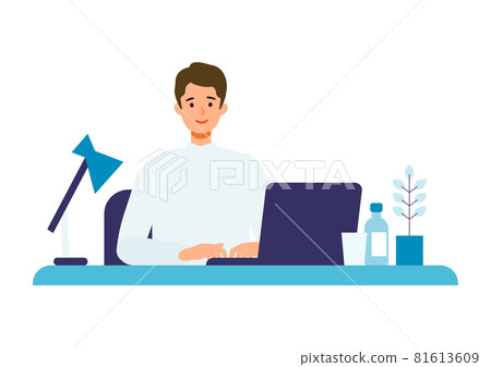 A man who uses a computer smiles and talks ... A man who uses a computer smiles and talks ... 81613609