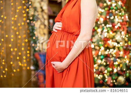 best christmas gift. pregnant woman in a red dress hugs her belly against the background of the Christmas living room in blur. close-up no face. best christmas gift. pregnant woman in a red dress hugs her belly against the background of the Christmas living room in blur. close-up no face. 81614651