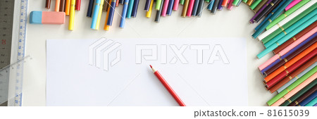 Red pencil lying on blank sheet of paper among multicolored 81615039