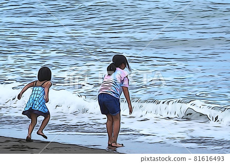 Pastel style "two girls playing on the beach" illustration image 81616493
