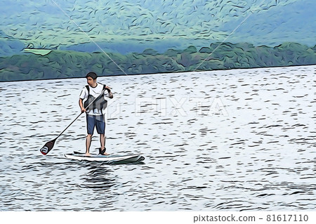 Pastel style "man who stands up paddle" illustration image 81617110