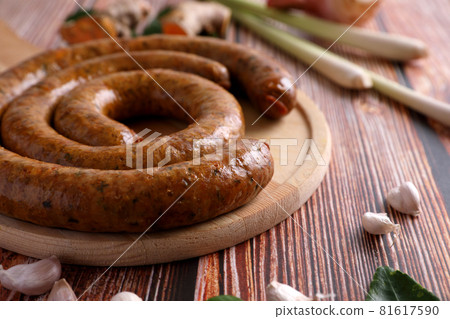 Local Northern Thai food , Northern Thai spicy sausage street food isolated in white background Local Northern Thai food , Northern Thai spicy sausage street food isolated in white background 81617590