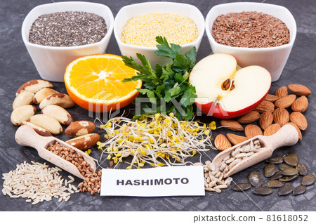 Best nutritious food for healthy thyroid. Natural eating containing vitamins 81618052