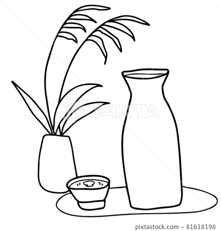 Line drawing illustration of moon-viewing sake and Japanese pampas grass Line drawing illustration of moon-viewing sake and Japanese pampas grass 81618198