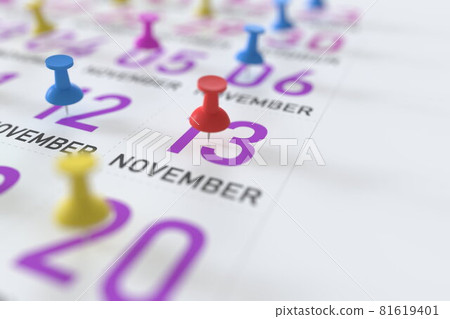 November 13 date marked with a pin calendar, 3D rendering 81619401