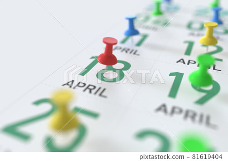 April 18 date and push pin on a calendar, 3D rendering April 18 date and push pin on a calendar, 3D rendering 81619404