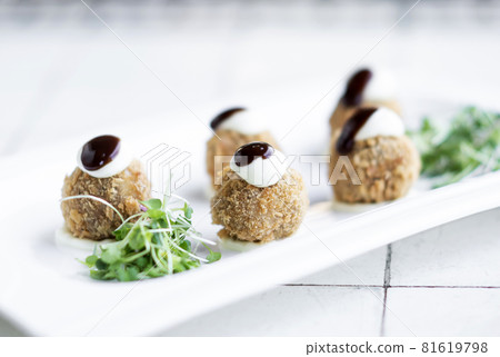 gourmet organic scotch quail eggs starter snack on table 81619798