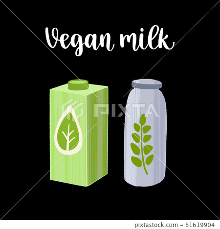 Fresh and tasty plant based drinks. Vegan milk in different packages. 81619904