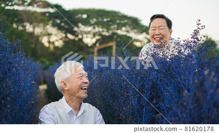 Asian senior elder couple enjoy life hide and seek laughing in purple garden together Asian senior elder couple enjoy life hide and seek laughing in purple garden together 81620178