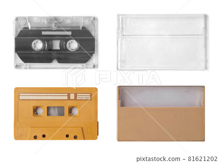 Top view of Vintage audio tape cassette isolated on white background. 1980s recorder. Old pop music. album collection. 81621202