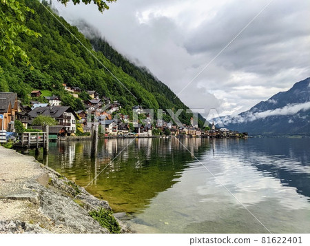 Hallstatt Austria city at lake and mountains panorama 81622401