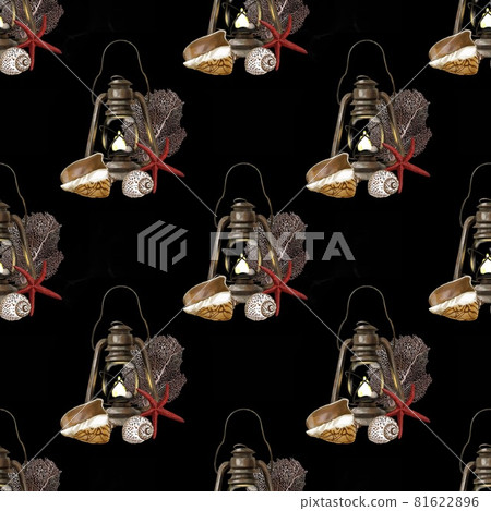 Watercolor nautical seamless pattern or black background. Gas lamp, seashells, starfish and coral Watercolor nautical seamless pattern or black background. Gas lamp, seashells, starfish and coral 81622896