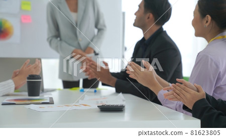 Businesswoman proficiently present work project receive celebrations from team 81623805