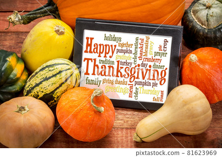 Happy Thanksgiving word cloud on tablet Happy Thanksgiving word cloud on tablet 81623969