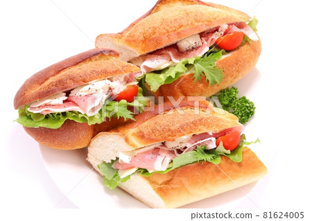 Sandwich French bread raw ham cheese bright background 81624005