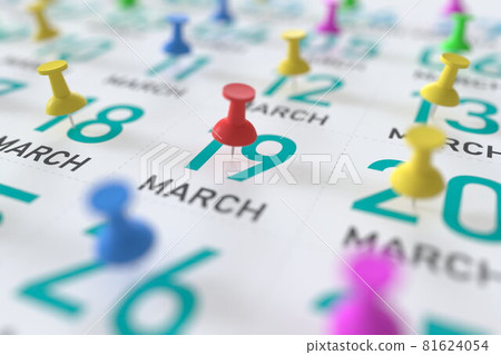 March 19 date marked with red pushpin on a calendar, 3D rendering 81624054
