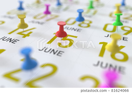 June 15 date marked with red pushpin on a calendar, 3D rendering June 15 date marked with red pushpin on a calendar, 3D rendering 81624066