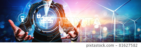 Electric car virtual reality concept with EV charging station for green energy 81627582