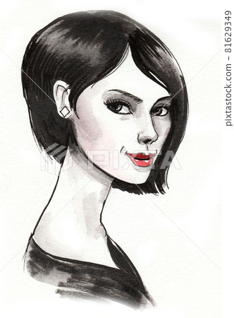 Beautiful brunette woman. Ink and watercolor drawing Beautiful brunette woman. Ink and watercolor drawing 81629349
