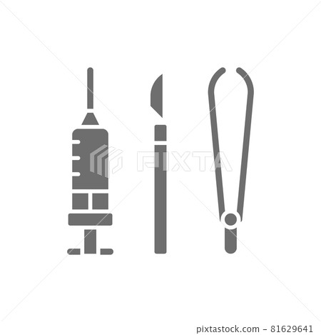 Instruments for surgery, medical scalpel, tweezers, clamp and syringe grey icon. Instruments for surgery, medical scalpel, tweezers, clamp and syringe grey icon. 81629641