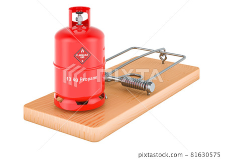 Propane gas cylinder inside mousetrap, 3D rendering 81630575