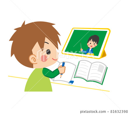 Illustration of a cute elementary school boy taking online lessons on a tablet device White background Clip art 81632398