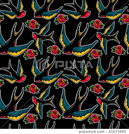 Seamless pattern with swallows and roses in old school tattoo style. For poster, card, banner, flyer. Vector illustration 81633940