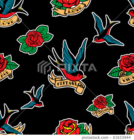 Seamless pattern with swallows and roses in old school tattoo style. For poster, card, banner, flyer. Vector illustration 81633944