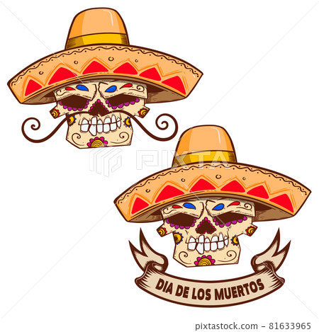 Illustration of mexican sugar skull in sombrero isolated on white background. Design element for logo, label, badge, sign. Vector illustration 81633965
