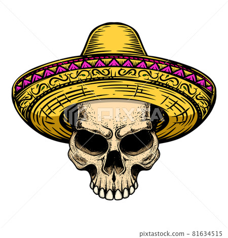Illustration of skull in sombrero isolated on white background. Design element for logo, label, badge, sign. Vector illustration Illustration of skull in sombrero isolated on white background. Design element for logo, label, badge, sign. Vector illustration 81634515