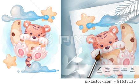 Watecolor cartoon character tiger ion moon. Watecolor cartoon character tiger ion moon. 81635139