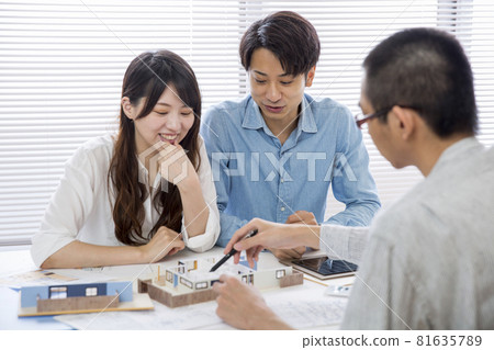 Owner and designer having a meeting while looking at a model of a house 81635789