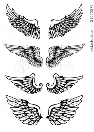 Set of illustrations of wings in tattoo style isolated on white background. Design element for logo, label, badge, sign. Vector illustration Set of illustrations of wings in tattoo style isolated on white background. Design element for logo, label, badge, sign. Vector illustration 81635875