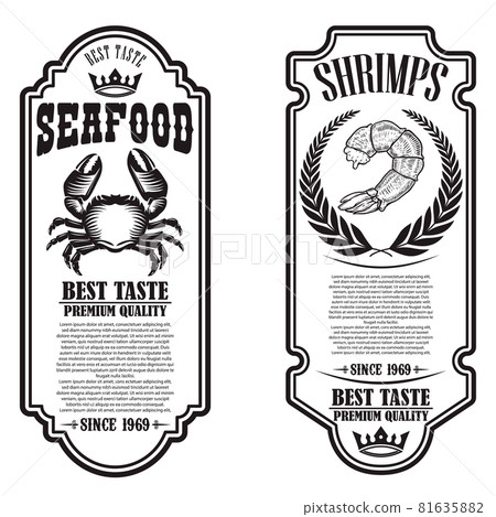 Set of seafood flyers with shrimp and crab illustrations. Design element for poster, banner, sign, emblem. Vector illustration 81635882