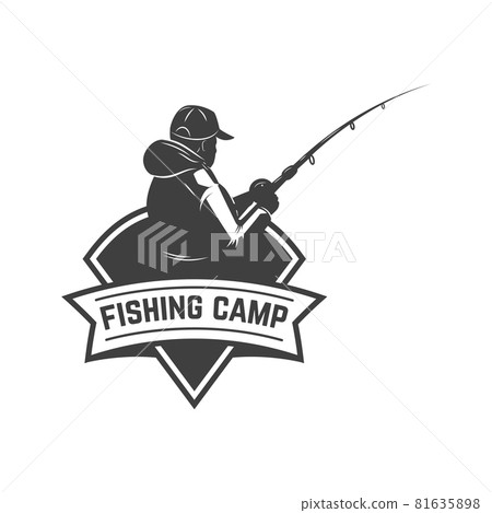 Fishing camp. Emblem template with fisherman. Design element for logo, label, sign, poster. Vector illustration Fishing camp. Emblem template with fisherman. Design element for logo, label, sign, poster. Vector illustration 81635898