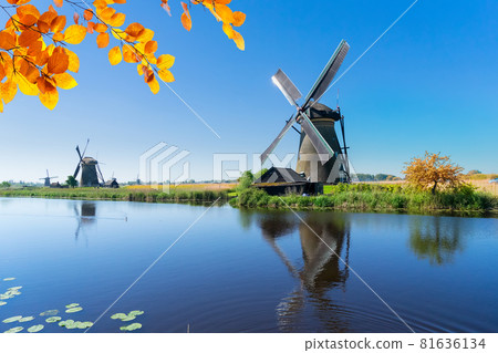 dutch windmill over river waters 81636134