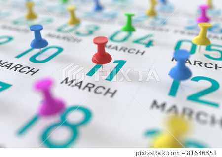 March 11 date and push pin on a calendar, 3D rendering 81636351