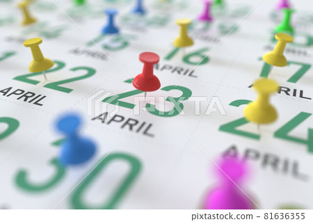 April 23 date and push pin on a calendar, 3D rendering April 23 date and push pin on a calendar, 3D rendering 81636355