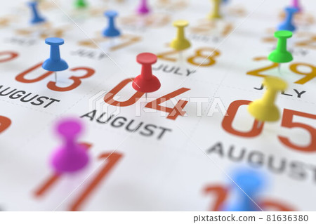 August 4 date and push pin on a calendar, 3D rendering 81636380