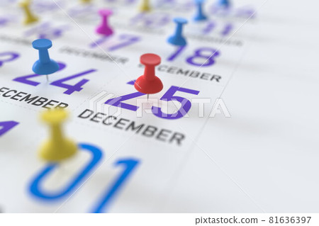 December 25 date and push pin on a calendar, 3D rendering December 25 date and push pin on a calendar, 3D rendering 81636397