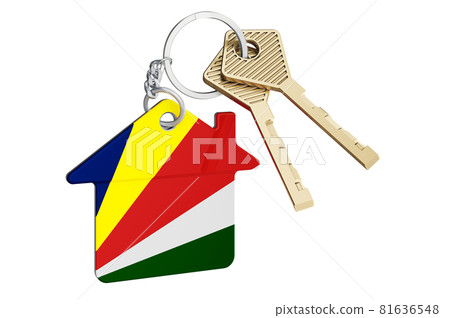 Real estate in Seychelles. Home keychain with Seychelloise flag. Property, rent or mortgage concept. 3D rendering 81636548