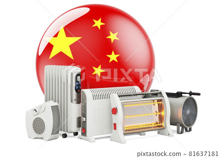 Chinese flag with heating devices. Manufacturing, trading and service of convection, fan, oil-filled, and infrared heaters in China. 3D rendering 81637181