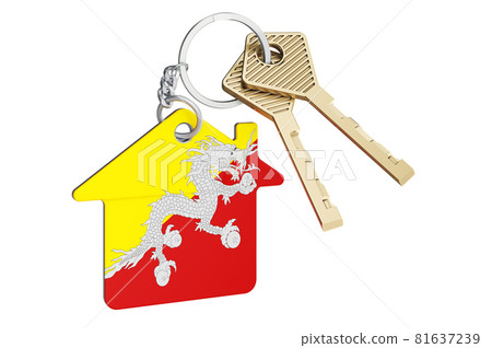 Real estate in Bhutan. Home keychain with Bhutanese flag. Property, rent or mortgage concept. 3D rendering 81637239