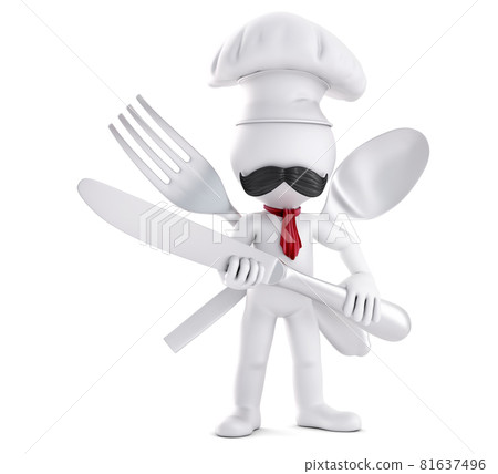 Chef posing with cutlery. 3D illustration. Isolated Chef posing with cutlery. 3D illustration. Isolated 81637496