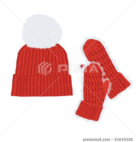 Winter knitted hat vector stock illustration. . Isolated on a white background. Red hat, white pompom.the snow on the fur. Close-up of gloves , winter clothing for hands. Warm accessories for walking 81639388