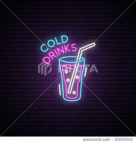 Glowing Glass of cold drink. Neon sign. 81639503