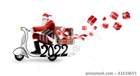 Santa Claus on scooter delivering Christmas or New Year 2022 gifts on white background Santa Claus on scooter delivering Christmas or New Year 2022 gifts on white background 81639655