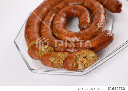 Local Northern Thai food , Northern Thai spicy sausage street food isolated in white background 81639780