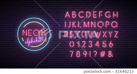 Neon pink font. English alphabet and numbers sign.  81640213